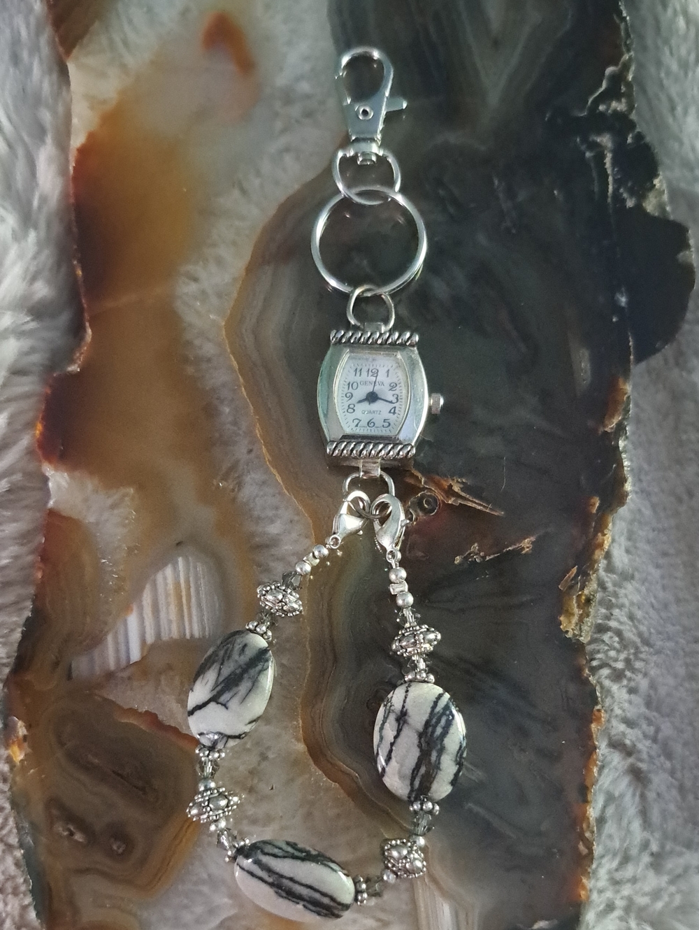 Hand Crafted Silver-Tone Zebra Stone Bead Watch Keychain Bag Jewelry